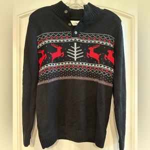 Reindeer Christmas Sweater Button Neck Crew Size L (14/16) Sonoma